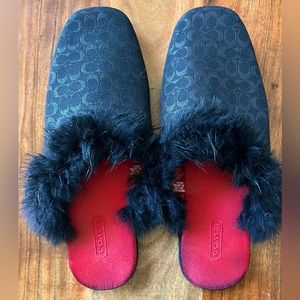 Coach Monogram Slippers w/fur trim